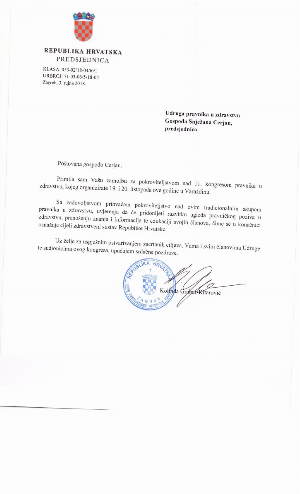 Predsjednica RH-Pokrovitelj XI Kongresa