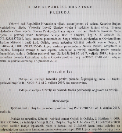 Presuda VSRH - Odbijaju se Revizije u korist zdravstvenih radnika