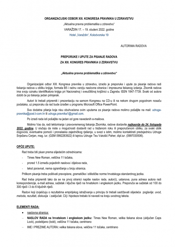 NAJAVLJUJEMO: XIII. KONGRES PRAVNIKA U ZDRAVSTVU OD 17. - 19. STUDENOG 2022. U VARAŽDINU