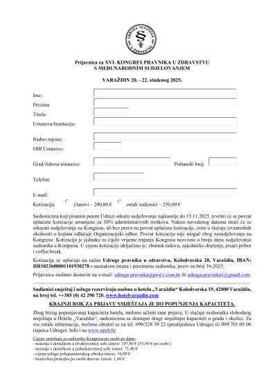 PRIJAVNICA ZA XVI. KONGRES PRAVNIKA U ZDRAVSTVU 20-22.11.2025. VARAŽDIN